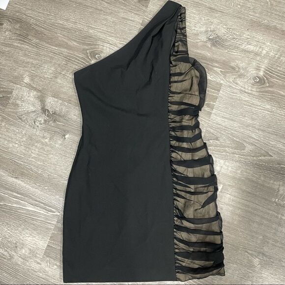 Black Halo One Shoulder Mini Dress with Ruched Chiffon Side Panel - Picture 2 of 8